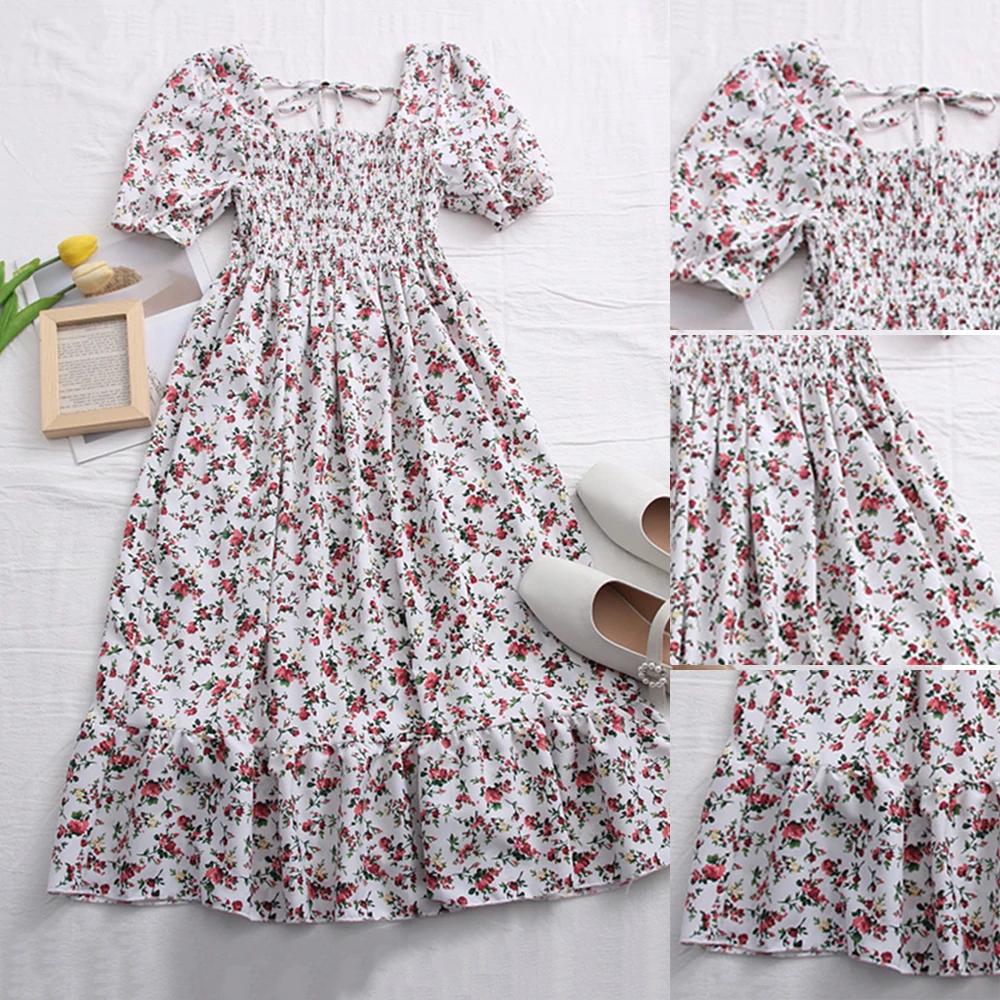 

Girls Dress Square Neck Backless Lace-up Pleated High Waist Printed Dresses Girls' Cute Dresses Ruffle Slim Dress SEC88