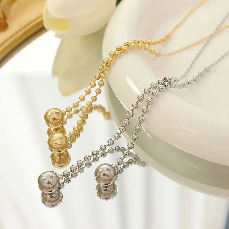 

Stainless Steel Round Bead Pendant Tassel Necklace Collarbone Neck Chain Plated Gold For Women's 2021 Trends Korean Jewelry