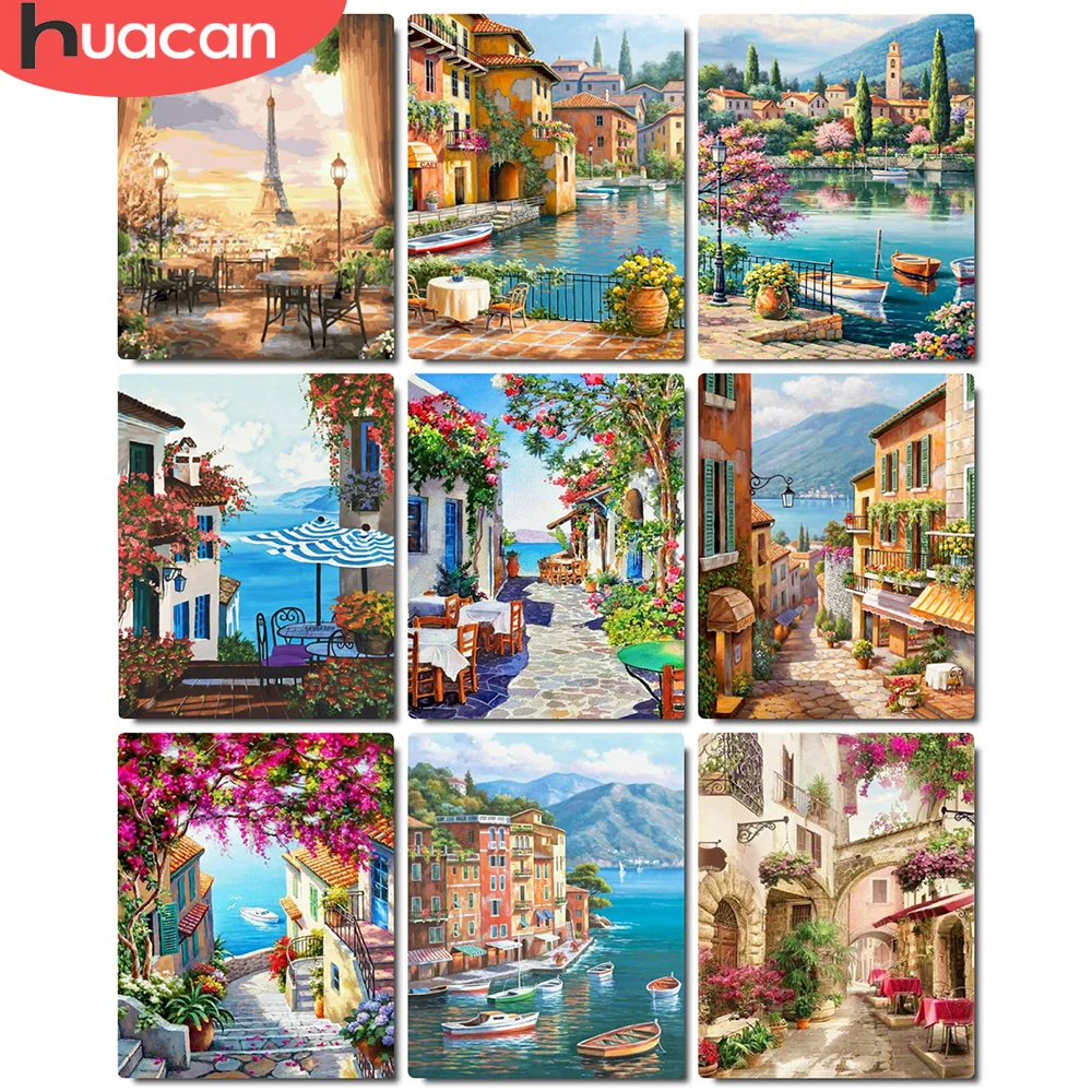 

HUACAN DIY Frame Pictures By Number Town Landscape Kits Painting By Number Seaside Modern On Canvas HandPainted Art Gift