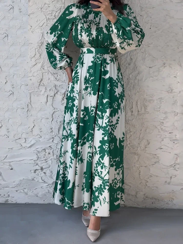 

Green Printed A Line Dresses for Women Pleated Long Lantern Sleeves Tunics Maxi Flowy Dress Fall Vacation Party Female Fairycore