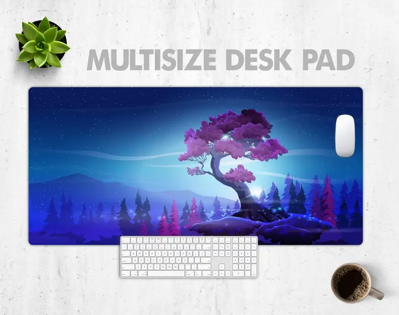 

Pink Curved Tree Desk Pad - Extended Gaming Mouse Pad - Extra Large Aesthetic Desk Mat - Anime Style Desk Mat, Fantasy Backgroun