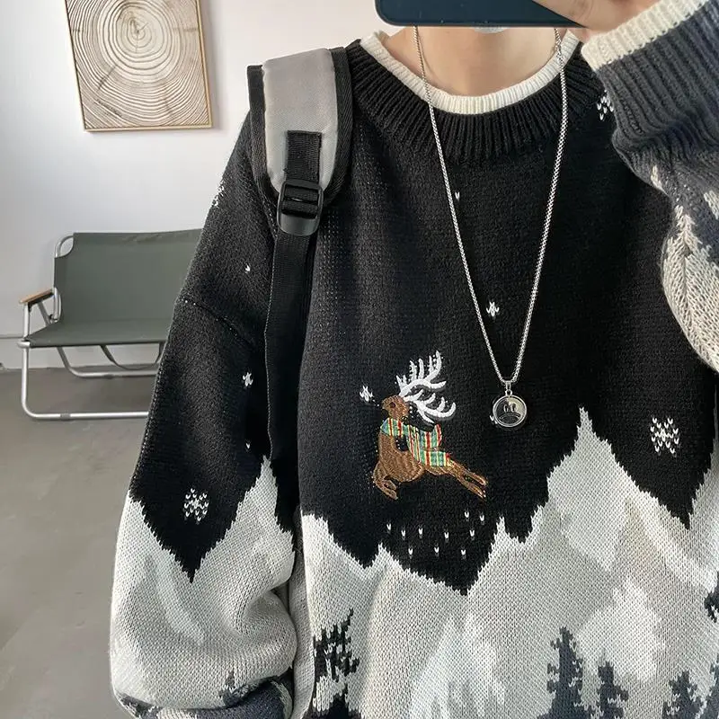 

Elk Christmas sweater design restoring ancient ways American high street male qiu dong season and thicken celebrity sweater coat