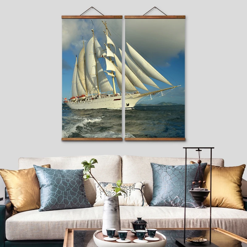 

Декоративные настенные холщовые постеры MT2015 в китайском стиле с лодкой-парусником, картины из прочной древесины