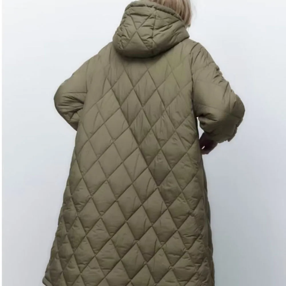 Autumn and winter new fashion women's casual loose stand-up collar hooded rhombus mid-length cotton coat