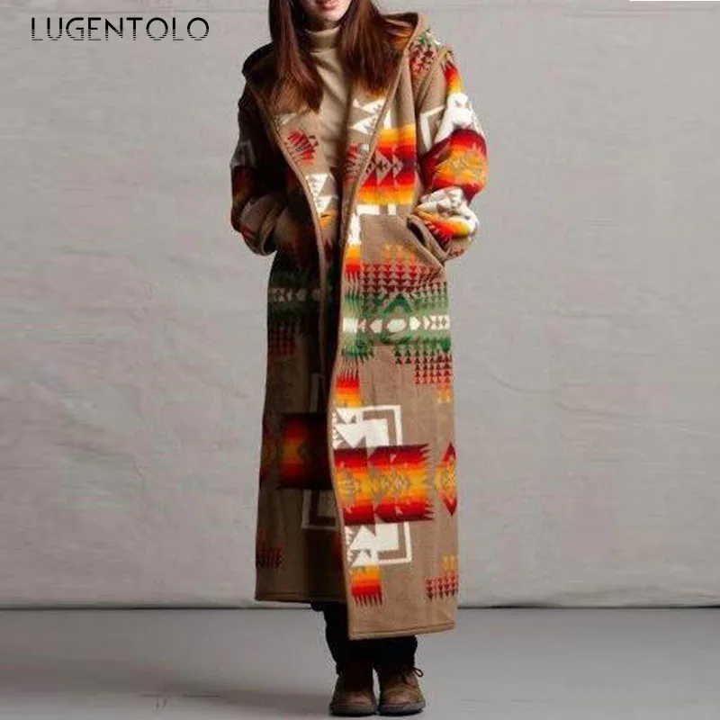 

Women's New Blends Coat Autumn Winter Hooded Printed Coats Long-Sleeved Middle Long Single-breasted Female Coat 5XL Lugentolo