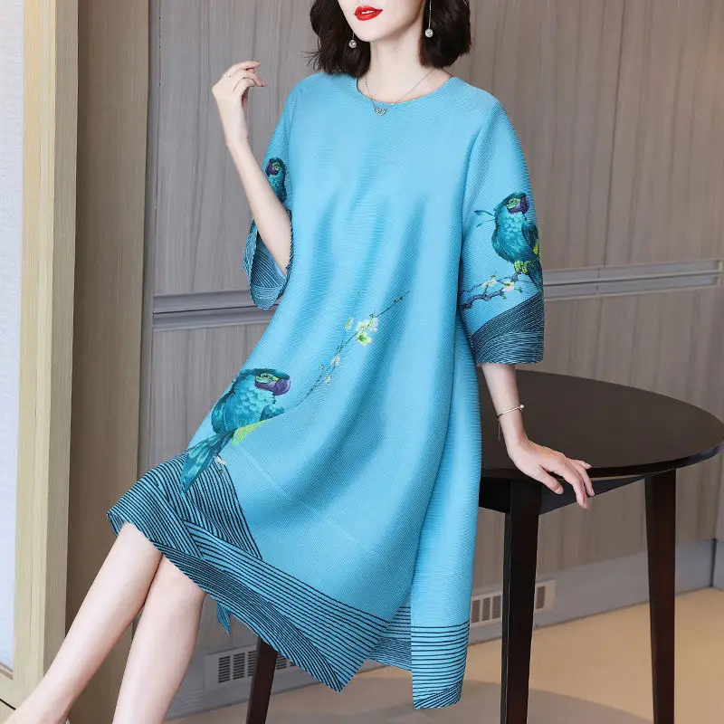 

Western style age-reducing mother summer dress new loose mm women's a-line skirt high-end printing folds women