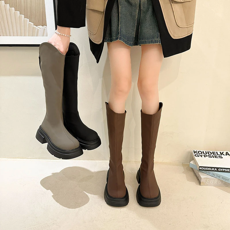 

Сапоги женские на среднем каблуке, прорезиненная обувь, дождевик, молния, круглый носок, Лолита, выше колена, однотонная Базовая римская искусственная ткань, Копытный хлопок