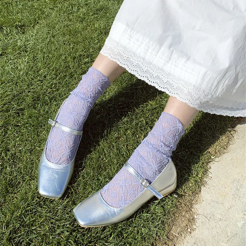 

Summer Lace Socks Women Thin Breathable Mesh Fishnet Crew Socks Harajuku Japanese Fashion JK Lolita Kawaii Cute Loose Long Socks