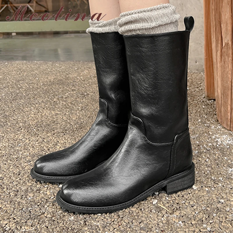 

Женские ботинки до середины икры Meotina, черные ботинки из натуральной кожи, с круглым носком, на массивном каблуке, выразительный дизайн, Осень-зима