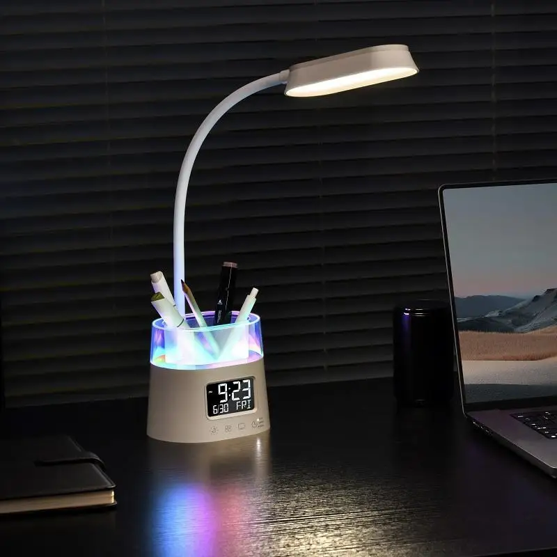 

LED Desk Lamp with Alarm Clock Pen Holder RGB Color Changing Eye Protection Bedside Lamp for Reading Study Work Kids Teens