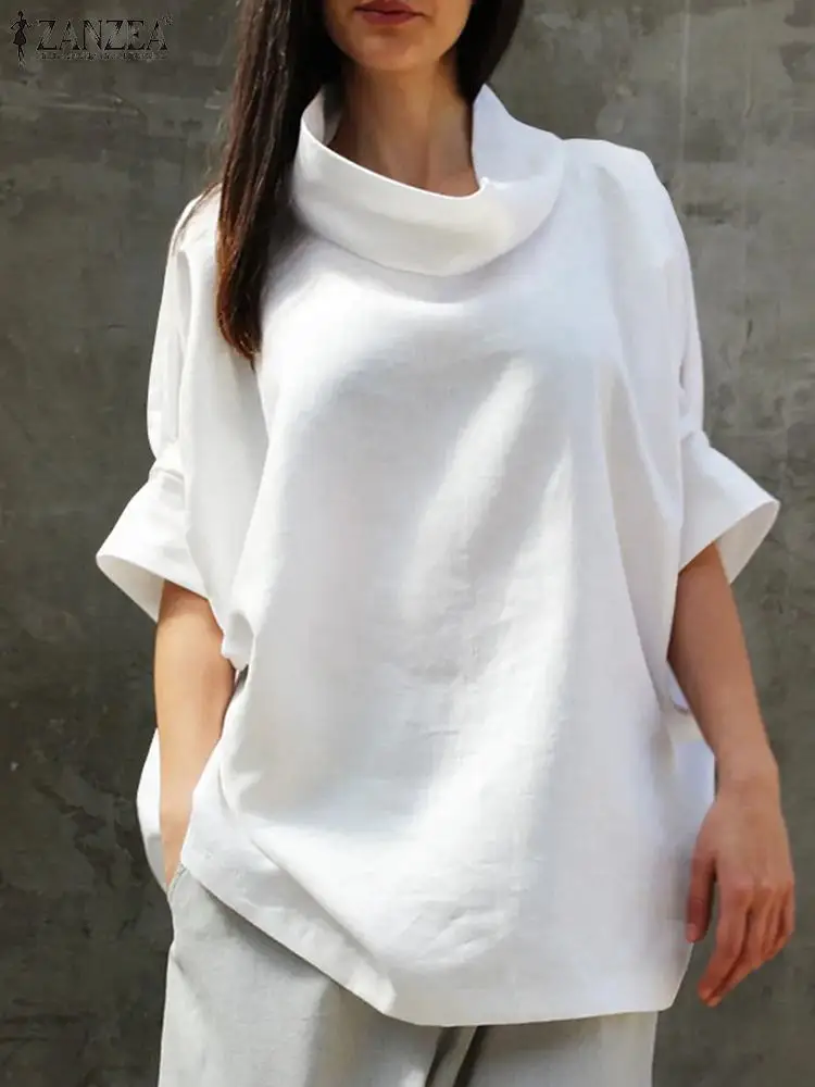 

ZANZEA Streetwear Solid Blouse Fashion Holiday Blusa Half Sleeve Women Shirt Casual Loose All-match High Neck Autumn 2022 Tops