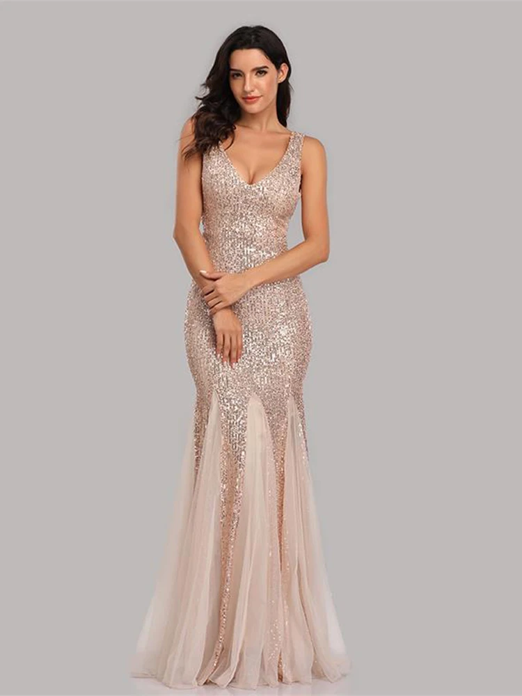 Plus Size V Neck Mermaid Dress With Shawl Long Formal Prom Party Gown Sequins Sleeveless Robe De Soriee  Evening Vestido De