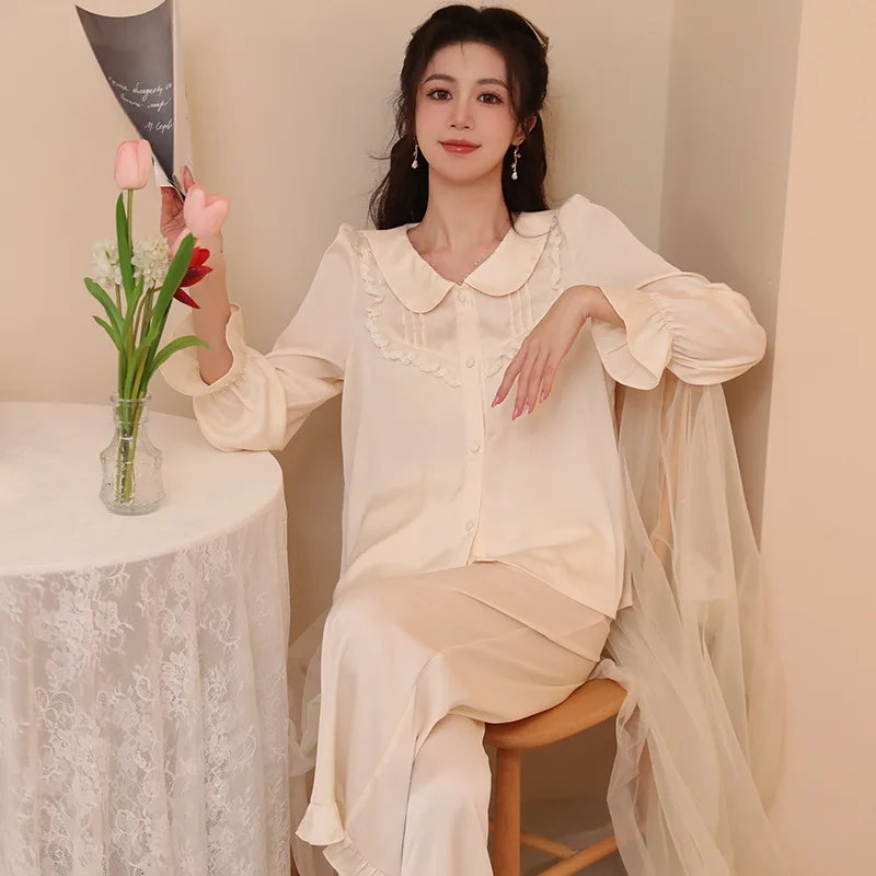 SXTHAENOO Retro Palace Ice Silk Long Sleeve Pajama Set Fashion Elegant Lapel Cardigan Loose Pajamas Suit Sleepwear пижамаженская