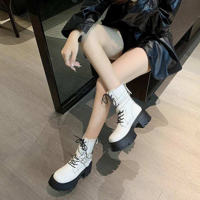 

Ladies Shoes 2023 Hot Sale Belt Buckle Women's Boots Fashion Cross-tied Casual Boots Women New Back Zip Mid-Calf Shoes Female