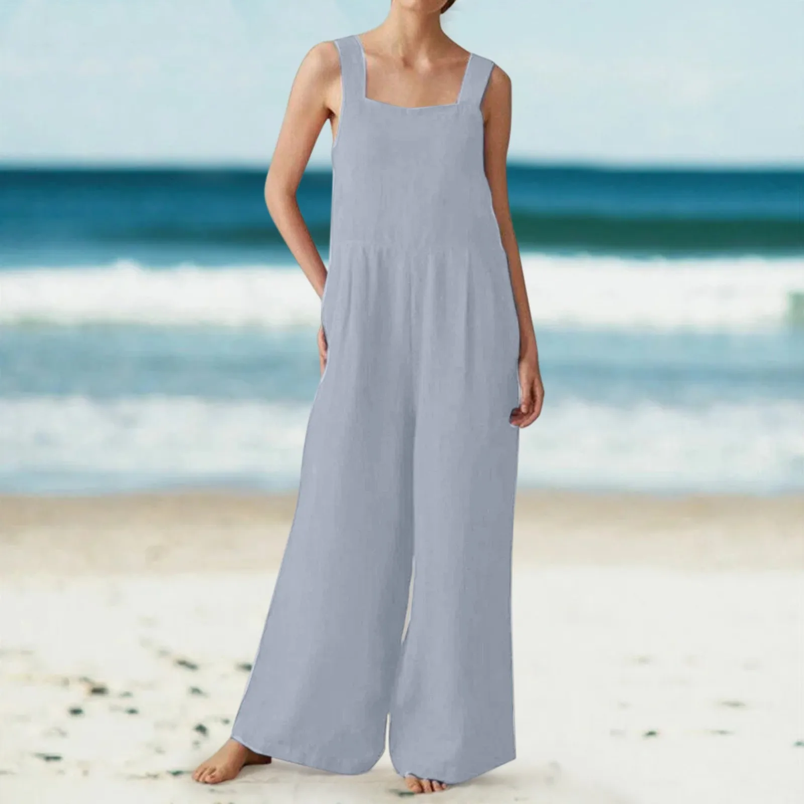 

Womens Beach Vocation Resort Casual Style Solid Color U Neck Side Pockets Jumpsuit Combinaison Femme