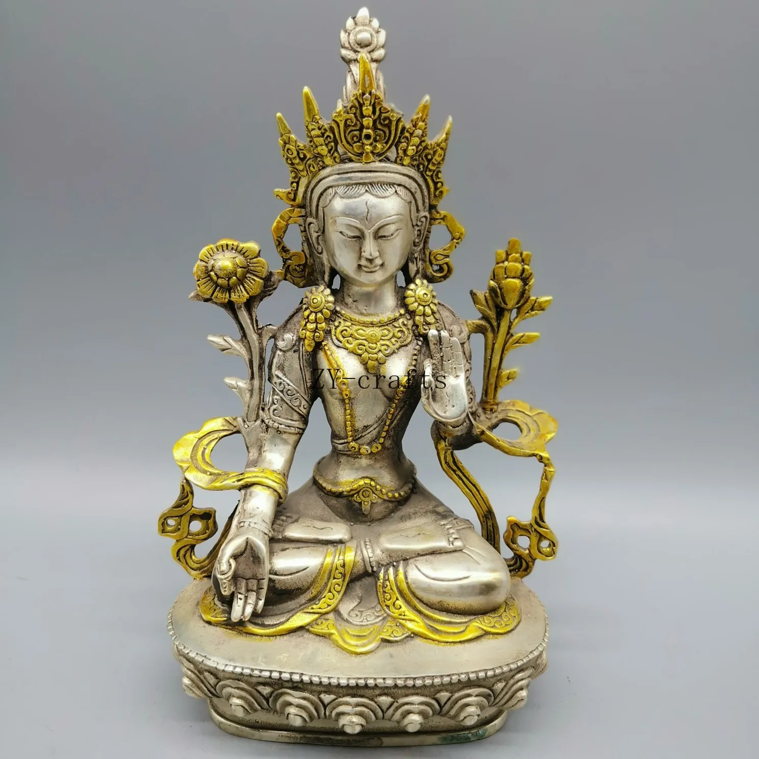 

Старая тибетская буддистская Серебряная позолоченная медная статуя Будды дралма Бодхисаттва Кван-Инь