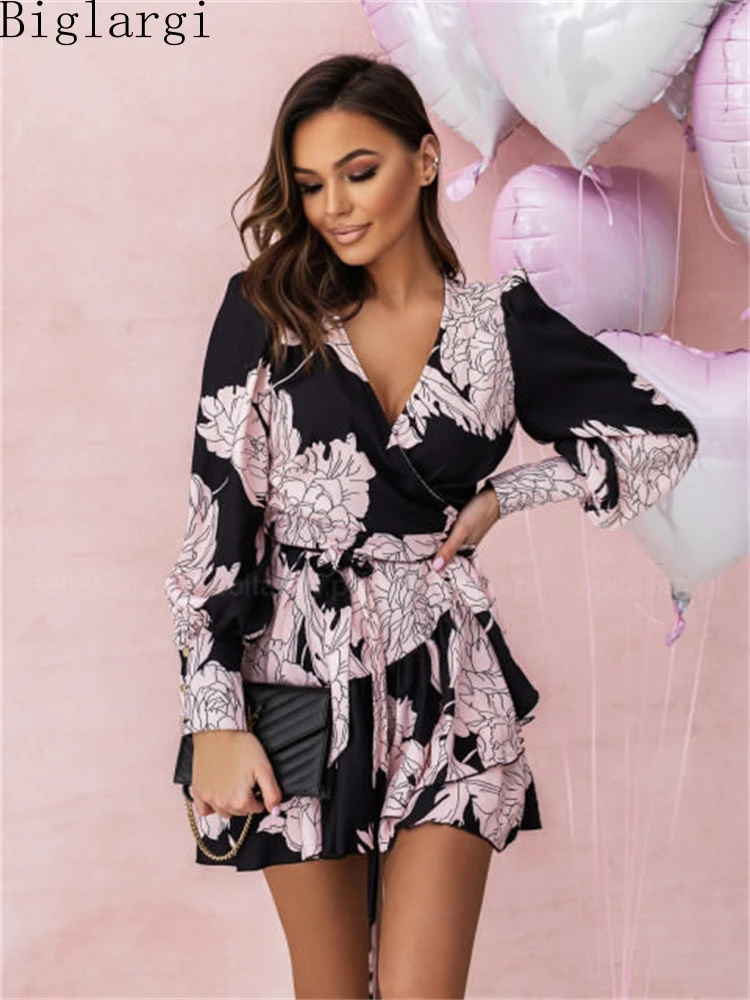 

Sexy Vintage Spring Summer New Woman Floral Dress Fashion Ladies Womens Chiffon Dresses Casual Long Sleeve Pullover Mini Dress