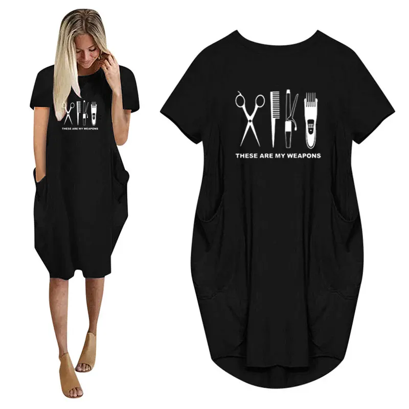 

New Barber Hairdresser Weapon Print Women Casual Loose Dress With Pocket Ladies Fashion O Neck Long Tops Female T Shirt Dress