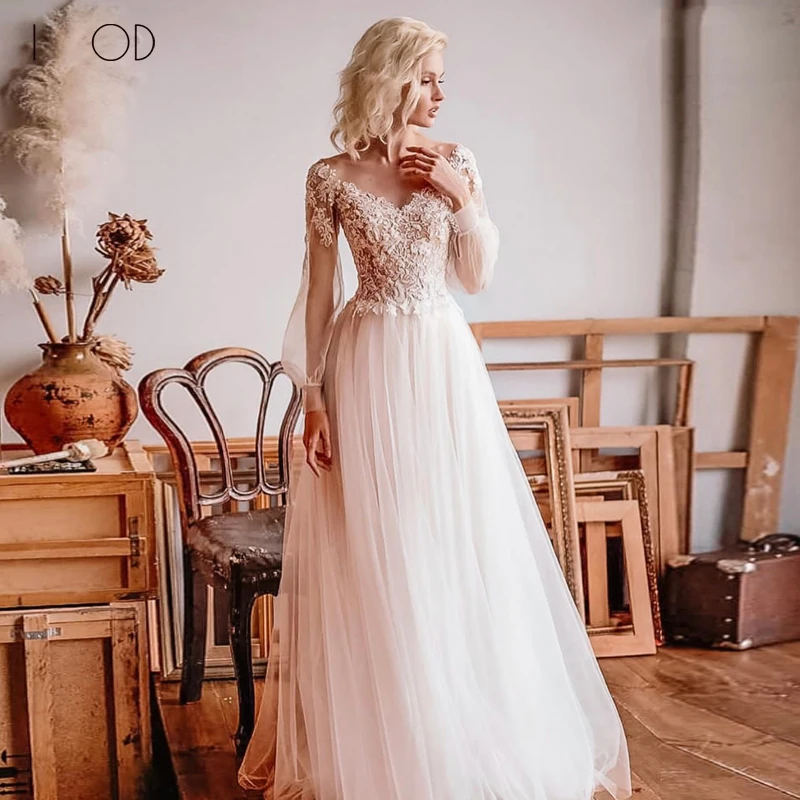 

I OD Vintage Deep V Neck Wedding Dresse For Women 2023 A Line Lace Long Sleeves Applique Covered Button Tulle Bridal Gown