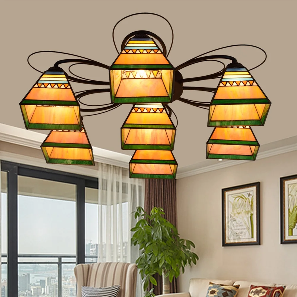 Витражный Потолочный Светильник Тиффани в пирамидальном стиле 7 насадок