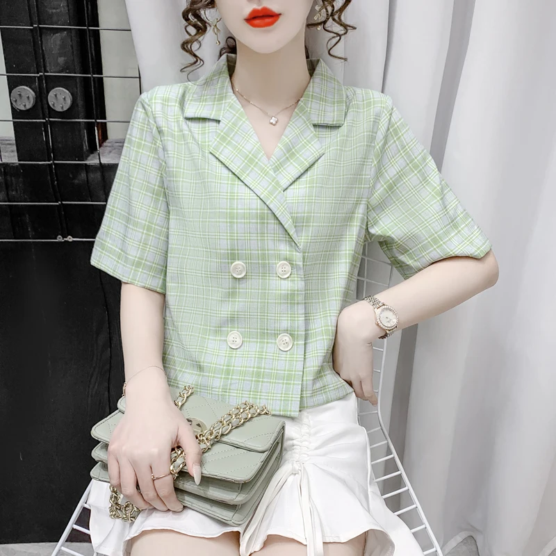 Blazers Women Plaid Thin Summer Crop Design Kawaii Harajuku Retro French Style Elegant Sweet Double Breasted Youth Preppy Chic