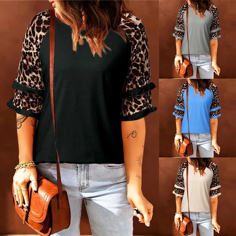 

Women's Tops 2022 Spring Summer Leopard Patchwork Short Sleeve O-neck Tshirt Women Fashion Ladies Loose Top Tee Casual Pullover