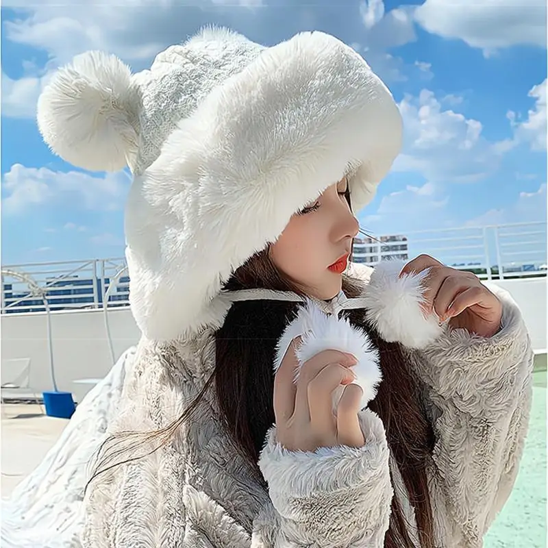 

Japanese Cashmere Bear Hat Fashion Adjustable Pompom Drawstring Hats Winter Thicken Warm Ear Protection Cap Plush Checked Caps
