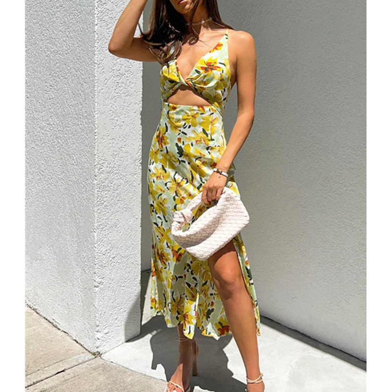

Boho Beach Dress Women Deep V-neck Summer Floral Print Split Vestidos Sexy Spaghetti Straps Backless Hollow Out High Waist Dress