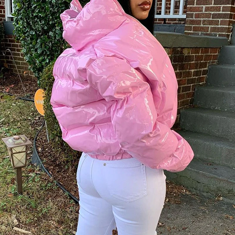 Модная Милая женская Яркая розовая пуховая куртка из искусственной кожи зимние