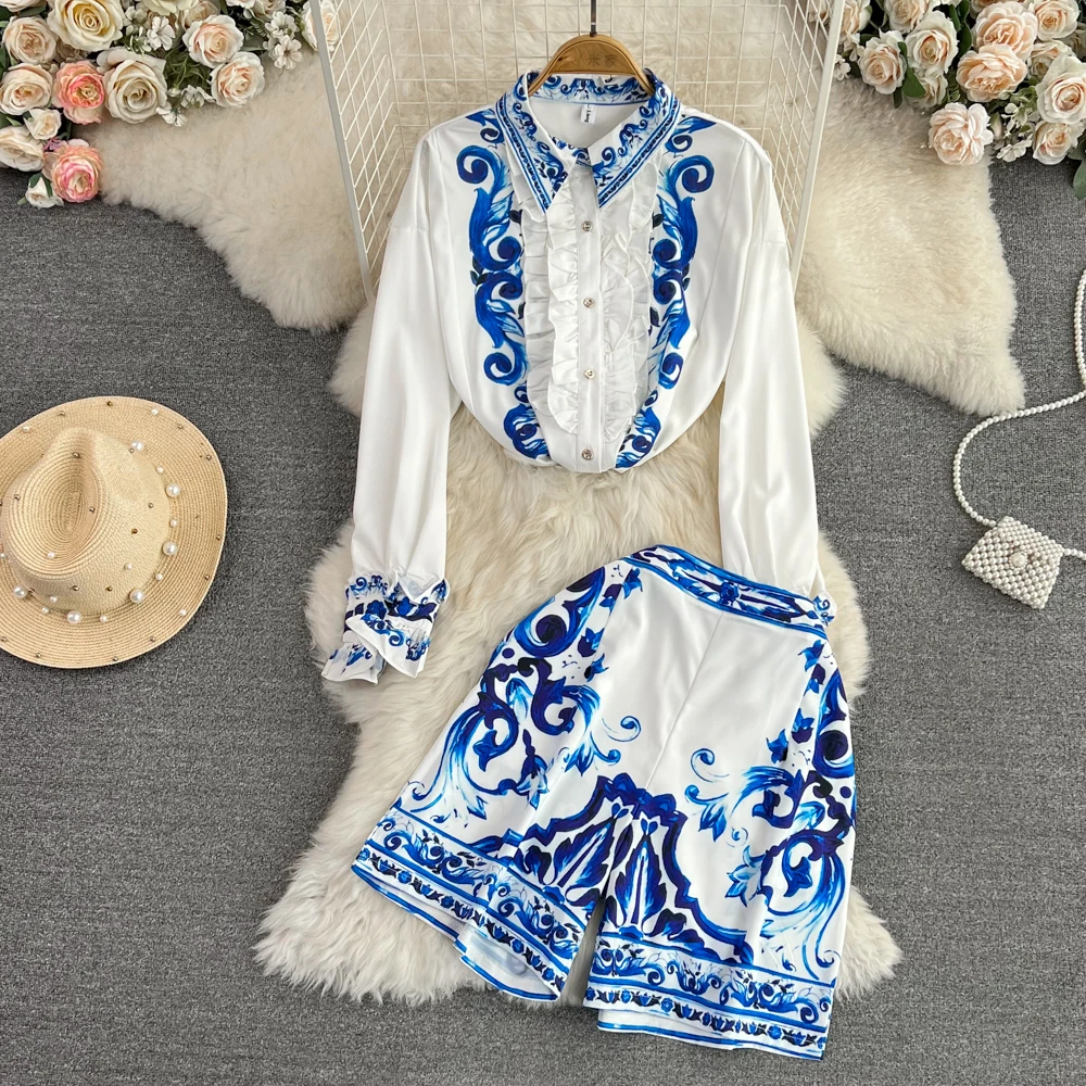 

Fashion Set Vintage Celadon Print Loose Ruffled Long Sleeve Shirt Two Piece High Waist Shorts