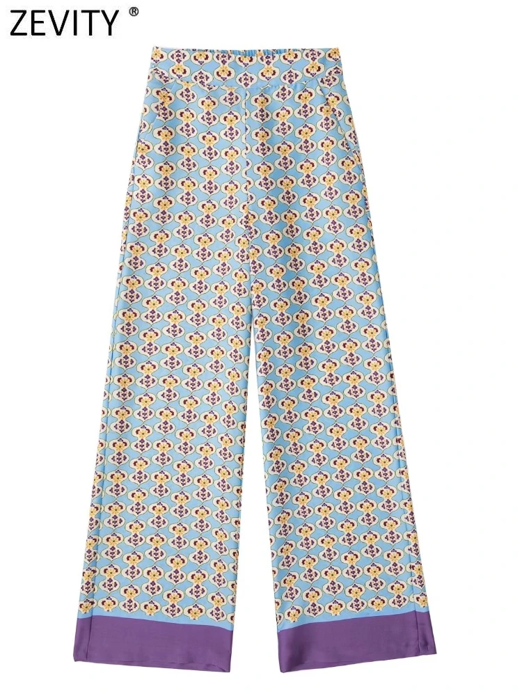 

Женские винтажные штаны Zevity с геометрическим принтом, мягкие атласные широкие брюки в стиле пэчворк, женские шикарные длинные брюки, женски...
