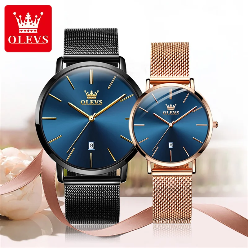 OLEVS Ultra Thin Couple Watches Men and Women Luxury Brand Fashion Mesh Belt Quartz Pair Lovers Watch Gifts For Birthday Reloj