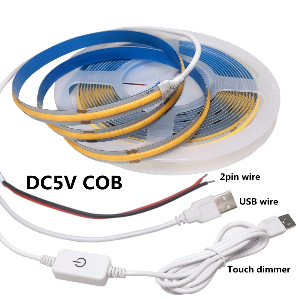 

USB COB LED Strip With Dimmable Touch Switch DC5V 320LEDs/m Flexible FOB LED Lights Bar High Density Linear Lighting Tape Diode