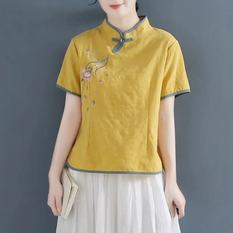 

Literary Retro Embroidered Cotton Linen Shirt Ladies Short Sleeve Zen Tea Dress Chinese Button Top Stand Collar