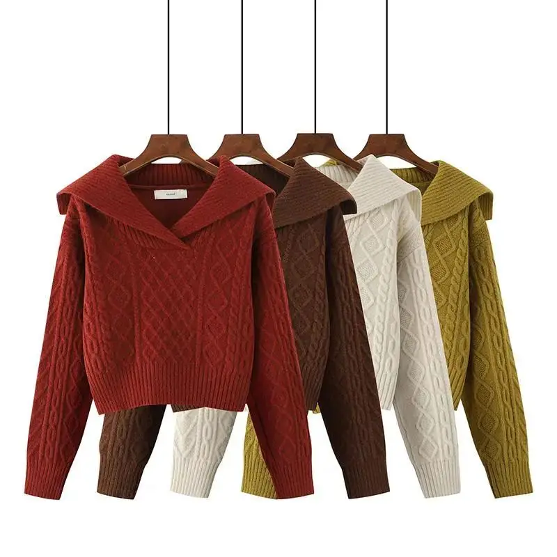 

Design Style Womens Big Turn Down Collar Knitted Pullovers Casual Long Sleeve Short Sweaters Female Korean Fashion Jumpers Top