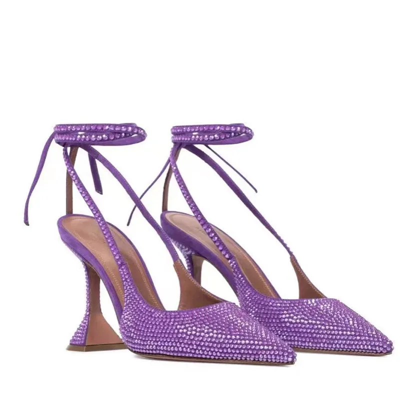 Summer New Baotou Ladies Rhinestone Banquet Sandals Pointed Toe Shaped Heels Sexy High Heels Cross Strap Red Sandals 43 Yards