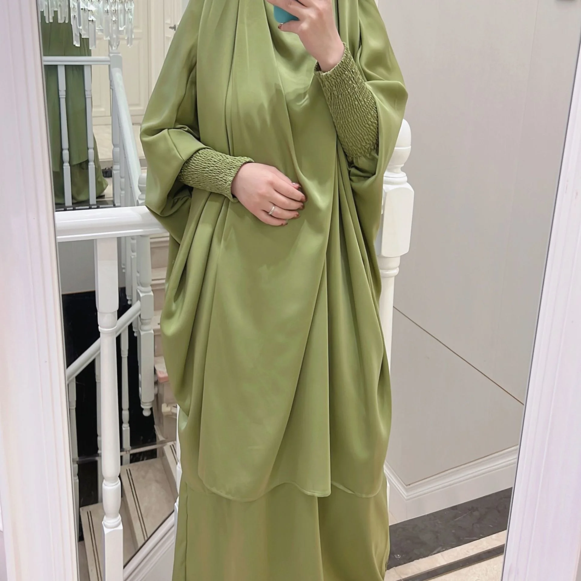 Muslim Satin Abaya For Women Skirt Jilbab 2 Two Piece Set Hooded Abayas Ramadan Eid Prayer Garment Dubai Turkey Islamic Clothing