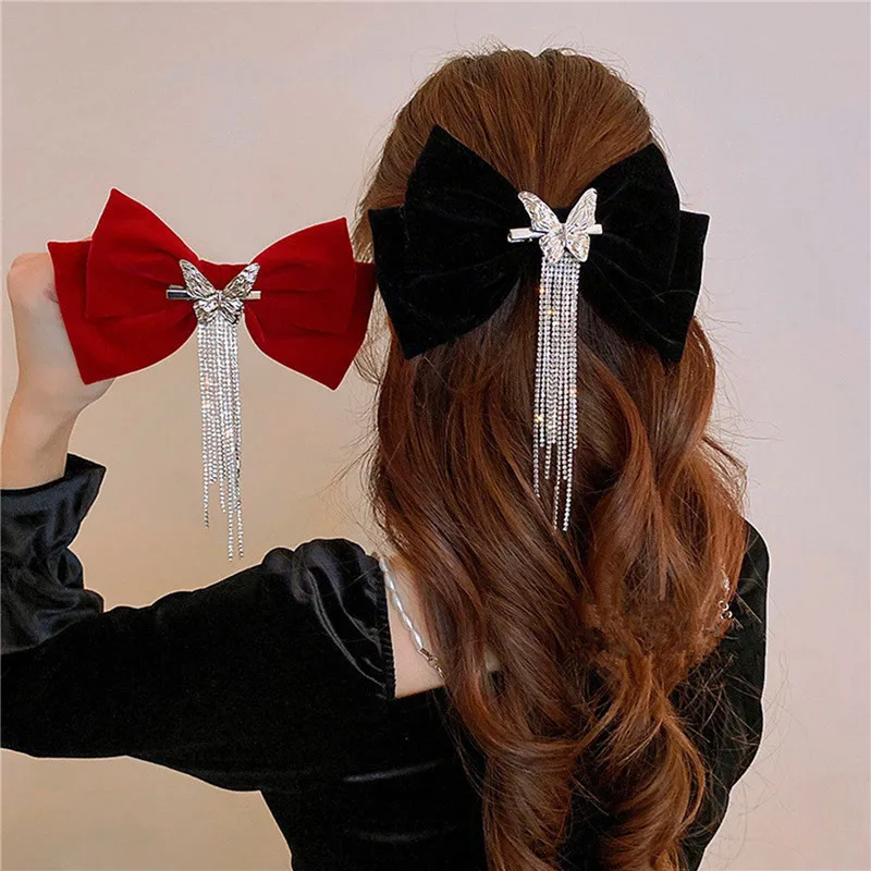 

New Velour grace Bow Hairpin Crystal Fringe Tassel Hair Clip Women Ponytail Rhinestone Beading Hair Accessories Gifts