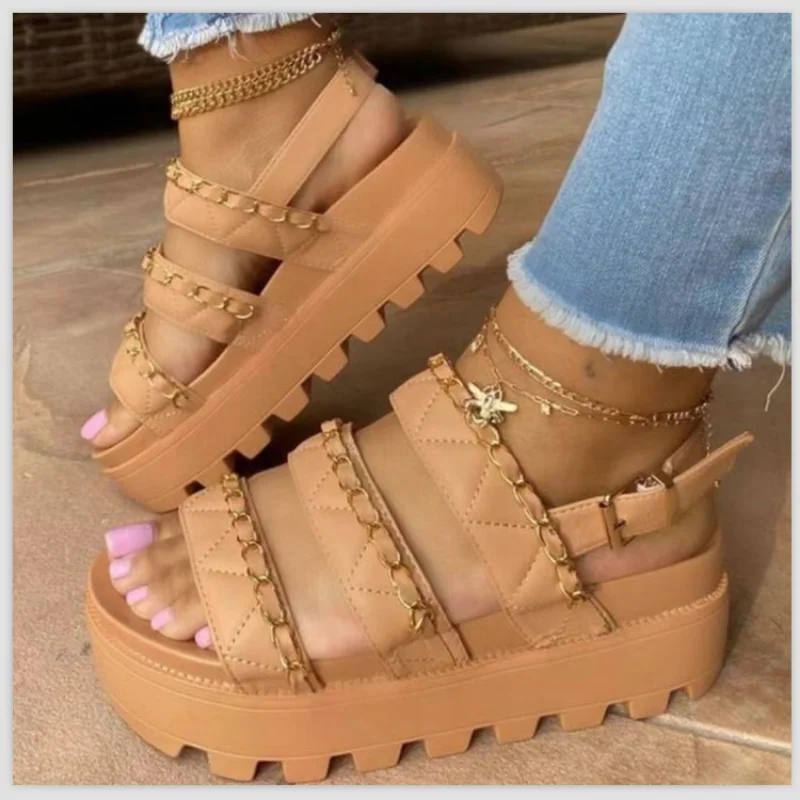 Platform high heels sandals Women's muffin heel round toe metal chain straight slope heel casual sandals women's sandals 2023