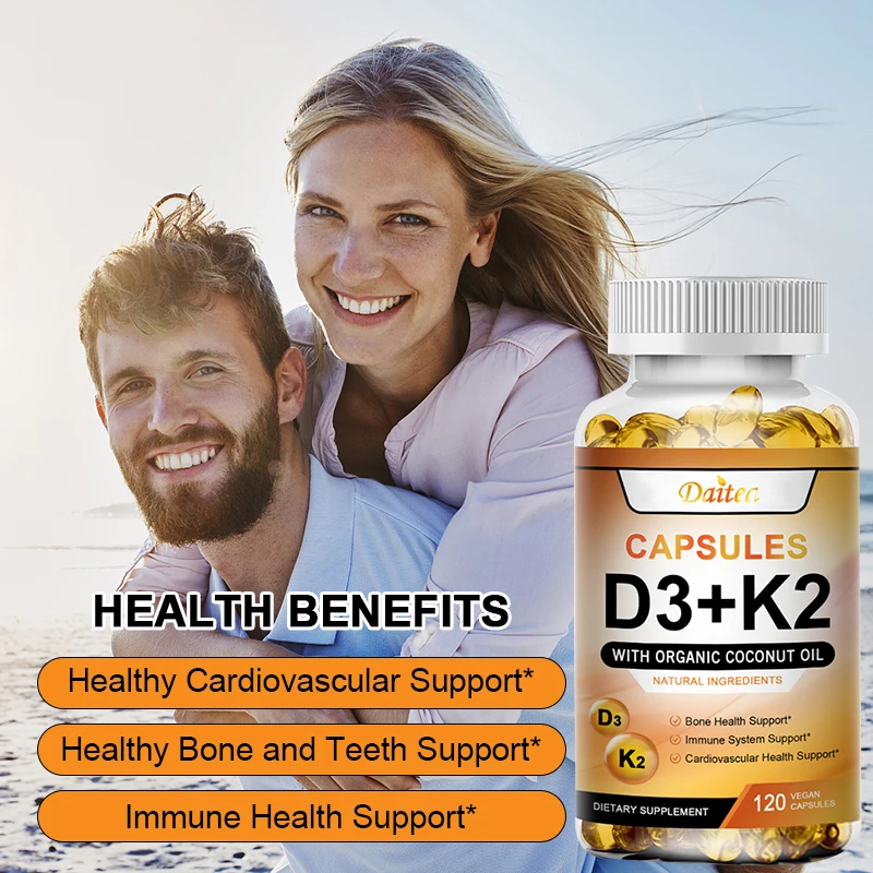 

Vegan Vitamin D3 + K2 Capsules to Regulate Calcium Metabolism, Prevent Breakdown, Support Bone Health, Heart and Immune System