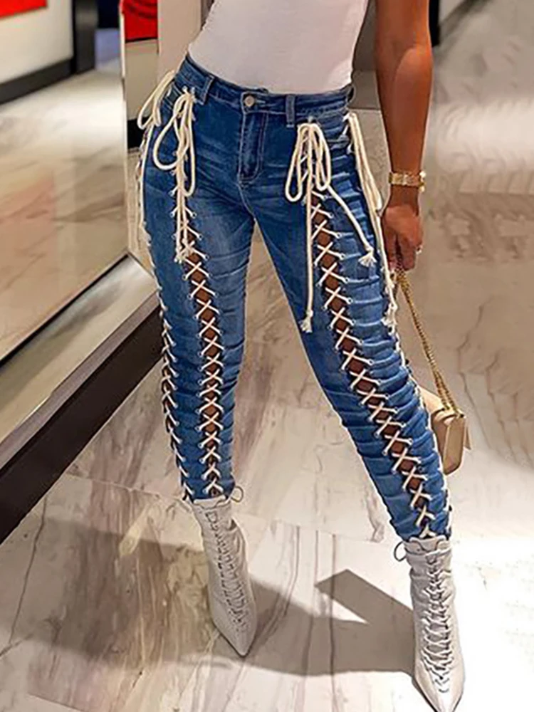 Sexy Bandage Denim Pencil Pants Women Side Lace Up Ripped Hollow Out Fashion Y2K Bottoms High Waist Jeans Long Trousers