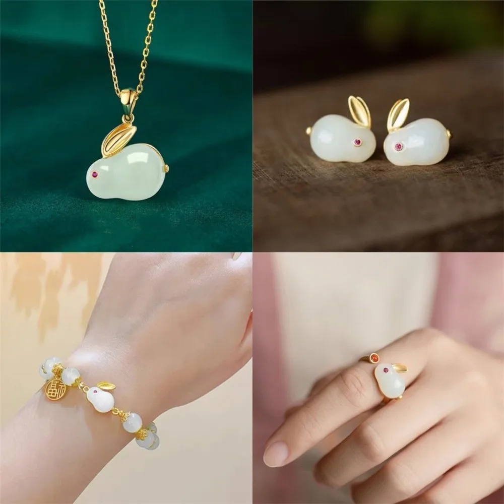 

Lunar New Year Jade Cute Rabbit Auspicious Lifetime Earrings Bracelet Necklace Ring Set Alloy Fashion Jewelryholiday 2023 Gift