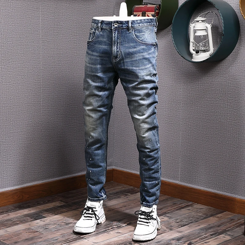 

Fashion Vintage Men Jeans Retro Blue Elastic Slim Fit Printed Ripped Jeans Men Stretch Trousers Casual Designer Pants Hombre