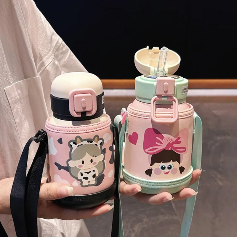 Water Bottle With Straw Cover Strap For Kids