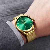 fashion watches for men gold stainless steel mesh strap quartz watch with green dial simple analog sports wristwatch male 1119