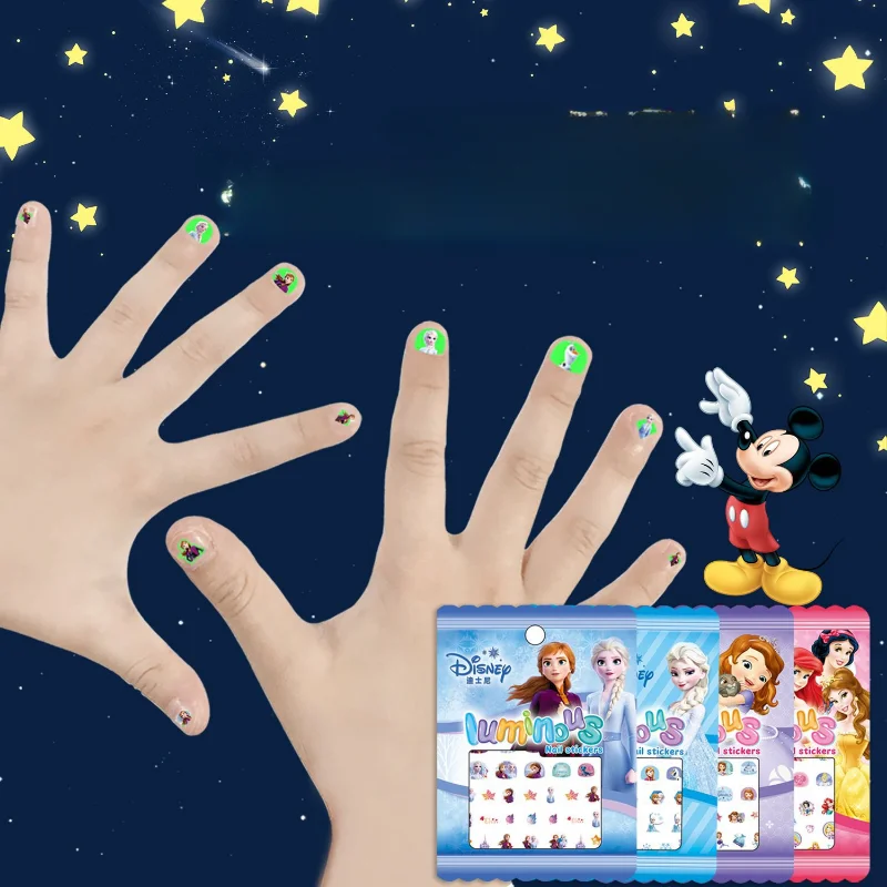 

1/5pcs Frozen Nail Stickers Noctilucent 3d Disney Princess Elsa Sofia Mickey Mouse Winnie Makeup Fingernail Sticker Kids Toys
