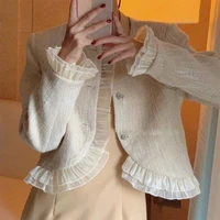 elegant ruffle o neck long sleeve jacket for women spring autumn chic vintage o neck single breasted crop jacket outwear top
