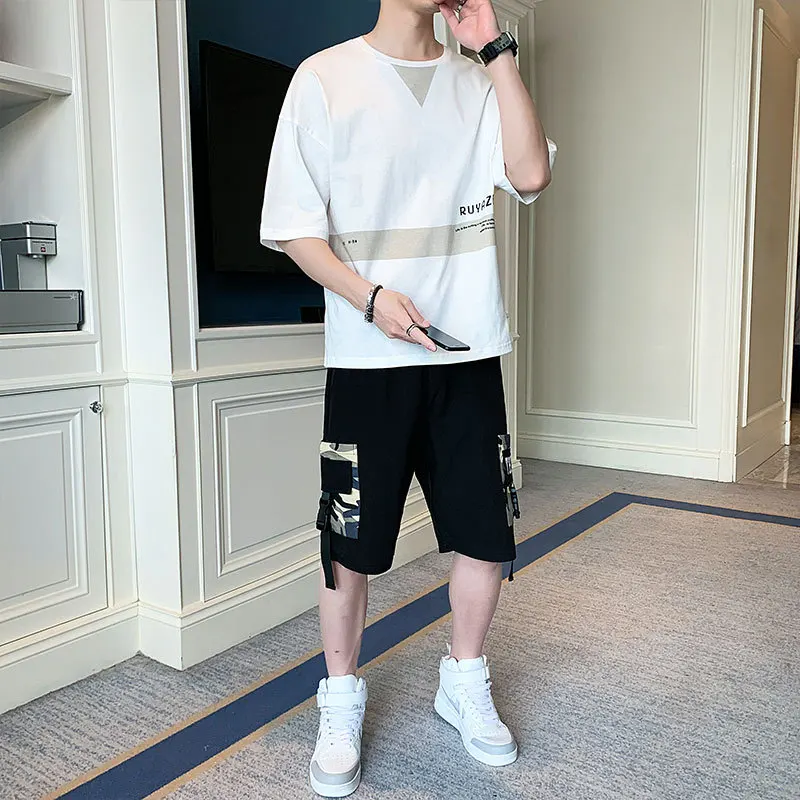 2-Piece Suit Men's Summer Sports Casual Set Male Fashion Loose Tracksuit Cotton Short-Sleeve Tees & Shorts Trendy Clothing Men