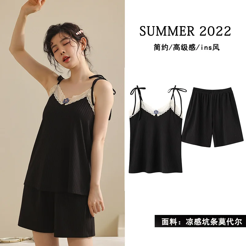 

2 Pieces Set Summer Modal Soft Homewear Ice Silk Pajamas Set For Women Plus Size M-4XL Sexy Lace Sling Sleep Tops Shorts Home