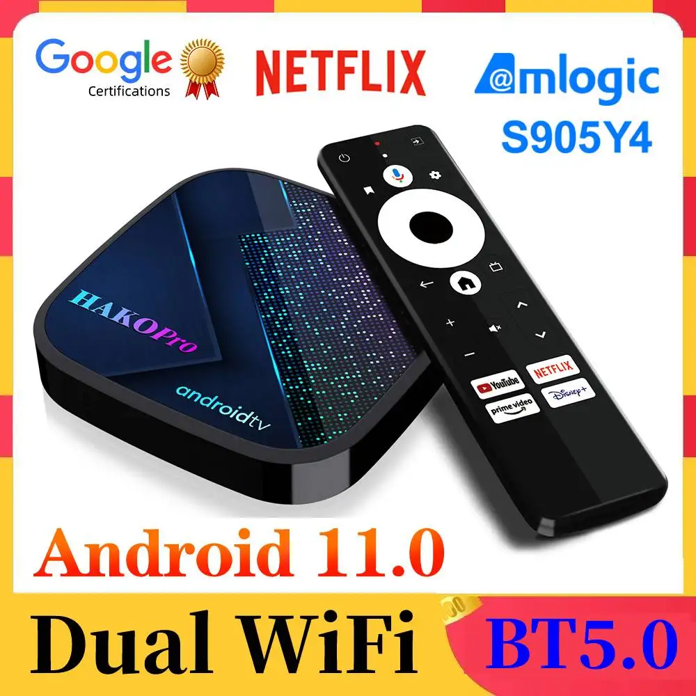 

HAKO Pro Netflix Google Certified TV Box Android 11 Amlogic S905Y4 Androidtv 11.0 ATV Media Player AV1 4K 2.4G&5G Dual Wifi